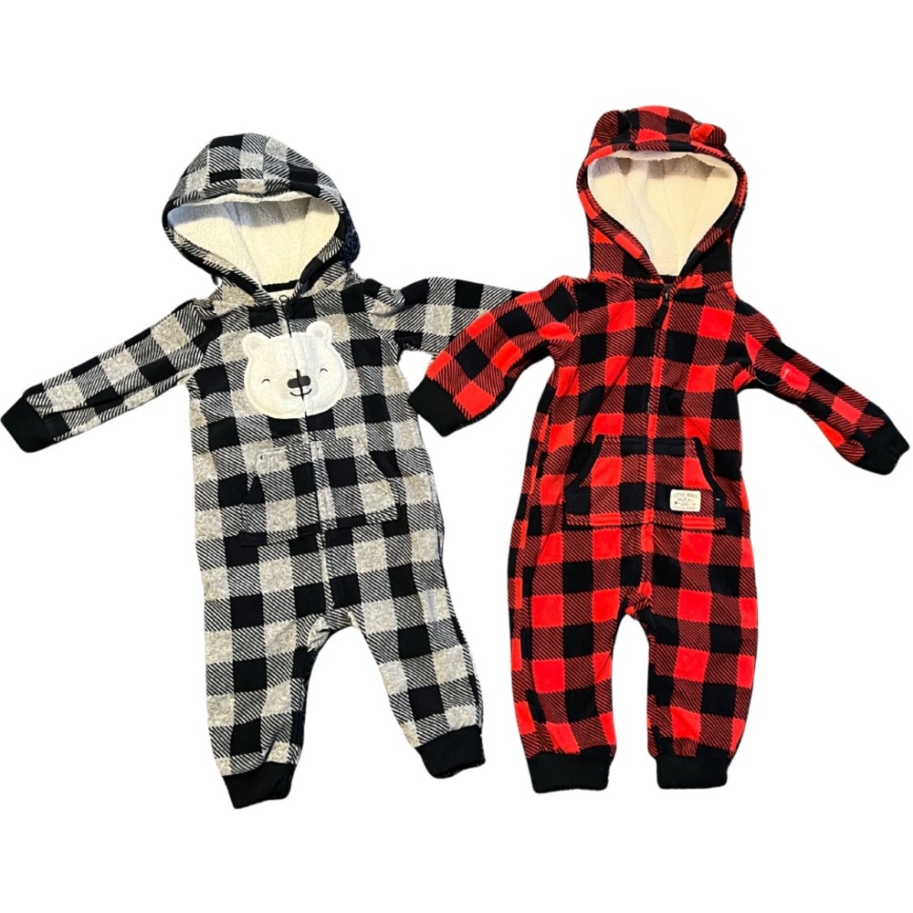 ❌SOLD❌ 9mo Baby Boy Carters Buffalo Check Bear Fleece Coveralls Jumpsuits